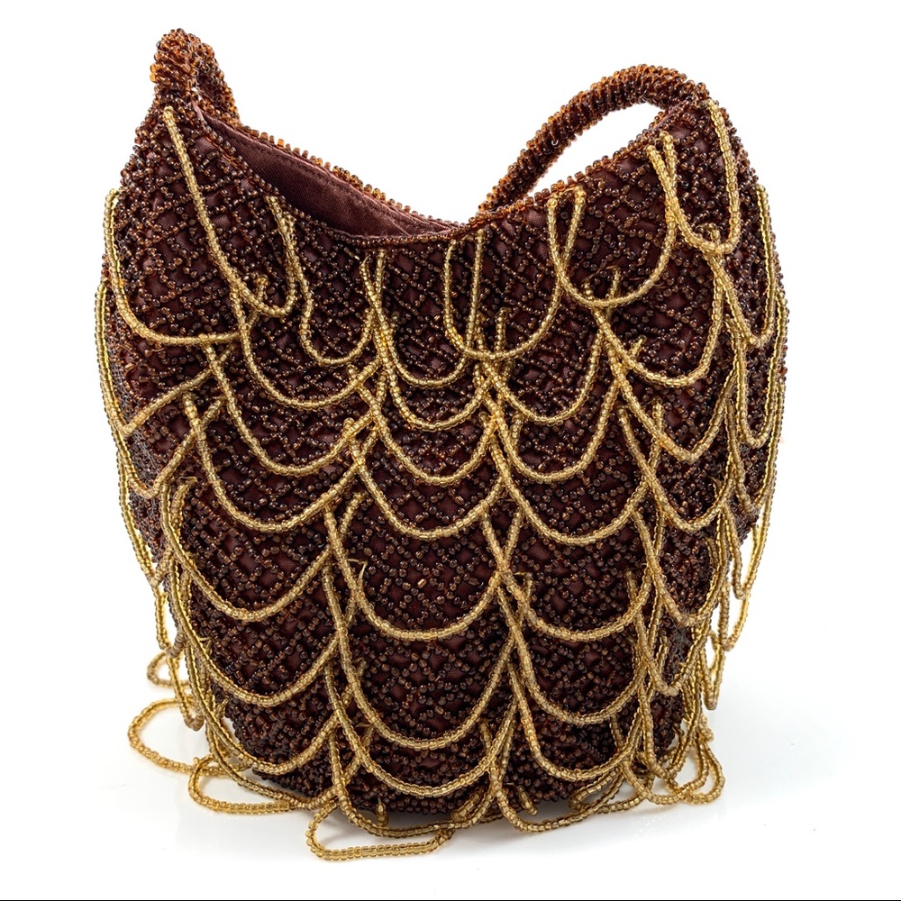 ❌SOLD❌ VTG brown and gold glass beaded scalloped mini bag - Picture 4 of 8